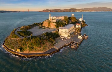 Alcatraz Island, USA, with its historic prison buildings, stands as a landmark in San Francisco...