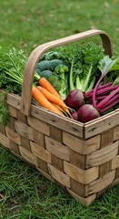 A rustic wooden farmer's market basket, overflowing with a vibrant assortment of fresh, organic vegetables like carrots, beets, and leafy greens, with dewdrops on them.
