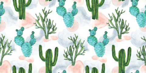 Colorful playful seamless pattern of green and teal watercolor cactus on textured with color shapes background. Bright exotic cacti print for textile design, wrapping paper, surface, wallpaper