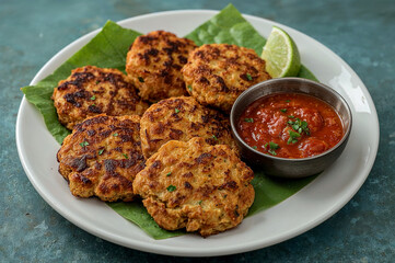 Crispy golden veggie patties with chili sauce