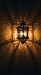 A single, ornate Moroccan lantern made of intricate metalwork, casting complex and beautiful geometric shadow patterns on a textured wall. Warm, magical, ambient light.
