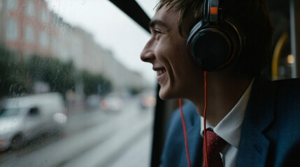 Young man with headphones looking out of a rainy bus window. Commuting on public transport in urban setting, city life footage.
