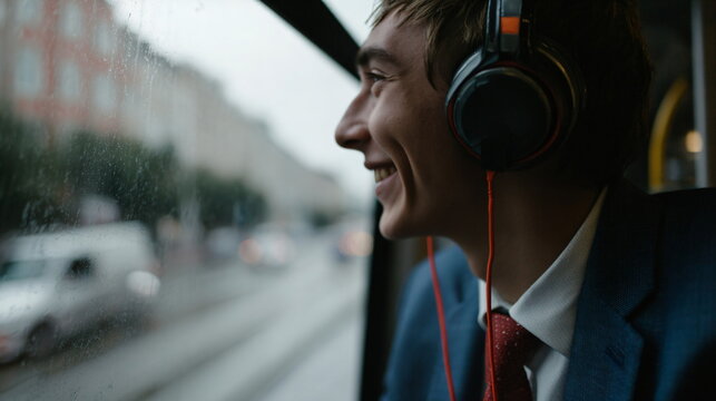 Young man with headphones looking out of a rainy bus window. Commuting on public transport in urban setting, city life footage.