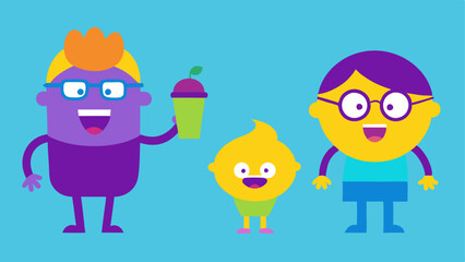 Fototapeta premium Character Reactions Depict three characters beneath the melting cone each with exaggerated expressions of surprise and joy. One person a child with a playful expression holds a