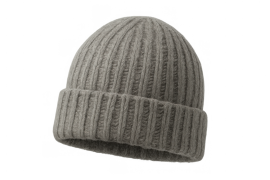 Gray beanie floating on a transparent background, offering an ideal space for displaying custom designs or logos with a modern touch