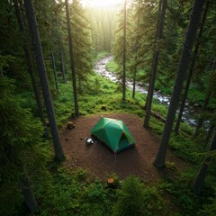 Green Tent in a Sunlit Forest by a River