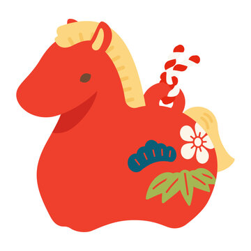 午の縁起物の土鈴赤馬飾り|年賀状お正月素材イラスト