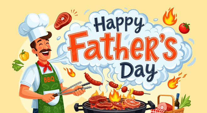 Father's day happy father's day bbq grill party vector illustration for family celebration and grilling delicious food vector