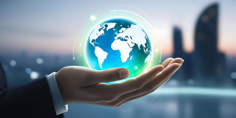 Hand Holding Glowing Globe Symbolizing Sustainability and Global Awareness


