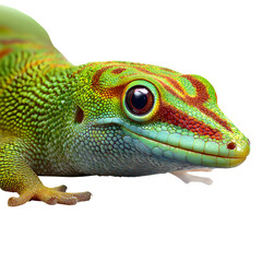 Fototapeta premium A Madagascar day gecko with bright green skin and red markings, head turned in alert gaze. Highlight tropical light and skin shimmer. 8K, high detail, ultra-sharp, transparent background style
