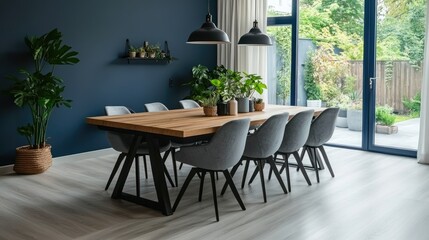 Fototapeta premium Modern dining area with large windows and plants.