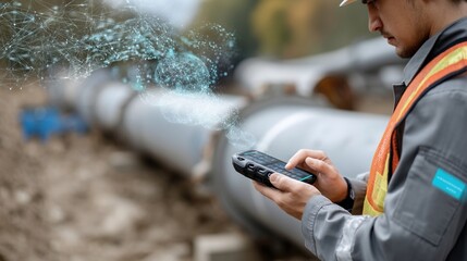 A technician using a handheld device to monitor sensor data from a pipeline with holographic graphics displaying tampering alerts and blockchain verification processes.