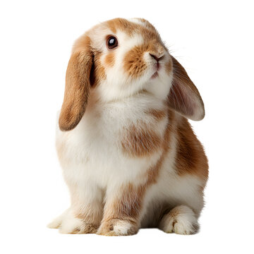 A mini lop rabbit with floppy ears and soft fur, looking up adorably. Highlight cozy posture and ear movement. 8K, high detail, ultra-sharp, transparent background style
