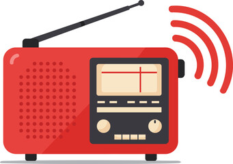 Isolated on white, this compact retro radio icon features an antenna and speaker, embodying vintage music technology