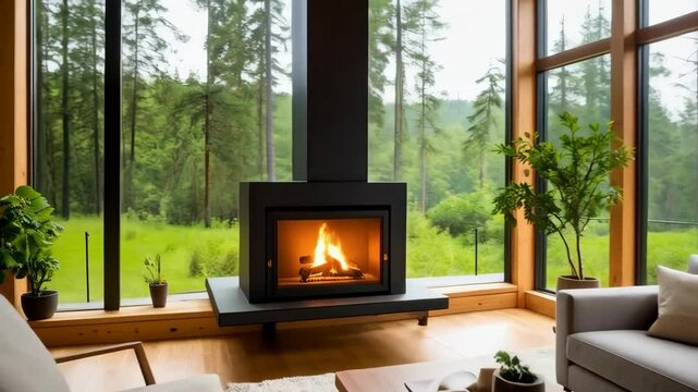 Cozy living room with fireplace and forest view through large windows, modern interior design, warm and inviting space with comfortable furniture and plants