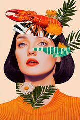 Cancer zodiac as fashion collage with woman, flowers and lobster. Female astrological horoscope sign creative print