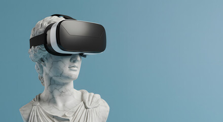 Marble sculpture with virtual reality headset on blue background for digital future technology art concept and modern immersive experience