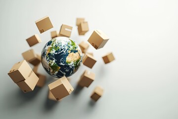 Global shipping concept. Cardboard boxes surround a globe
