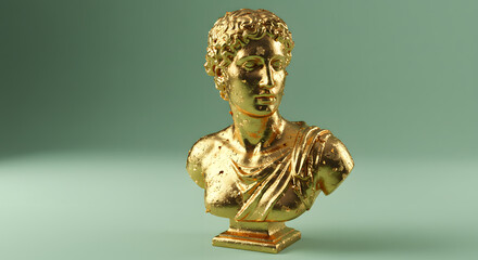 Gold painted marble sculpture bust on green background for luxury artistic design concept and high class decorative sculpture product