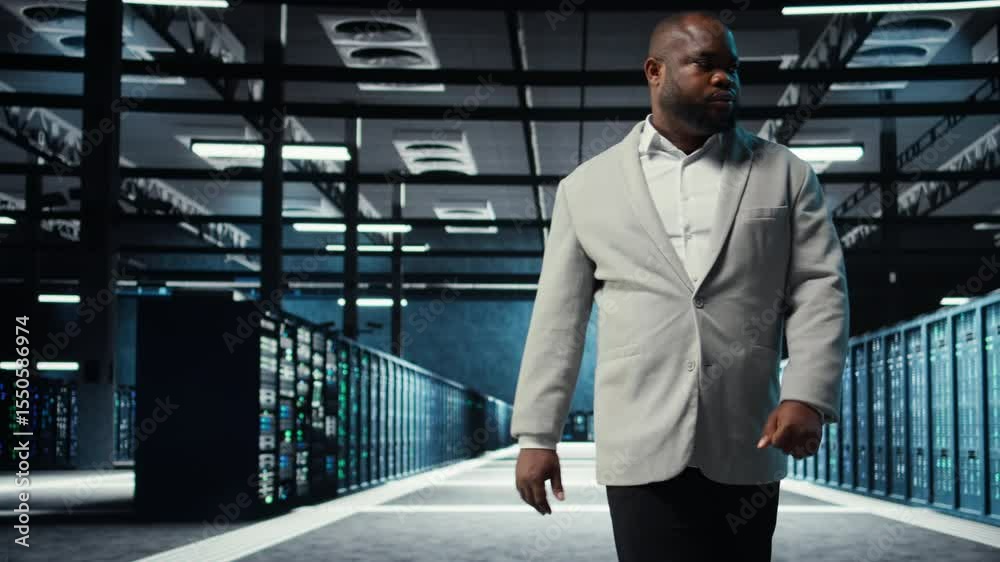 Poster admin working in high tech server hub capable of processing and storing vast amounts of data. africa