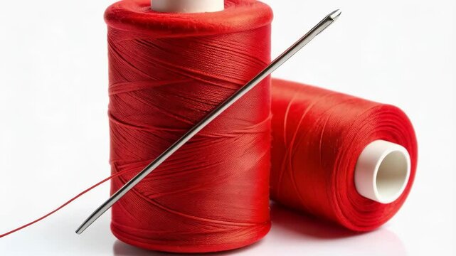 Two vibrant red spools of sewing thread alongside a sharp silver needle lying on a clean white surface create a striking visual for textile arts