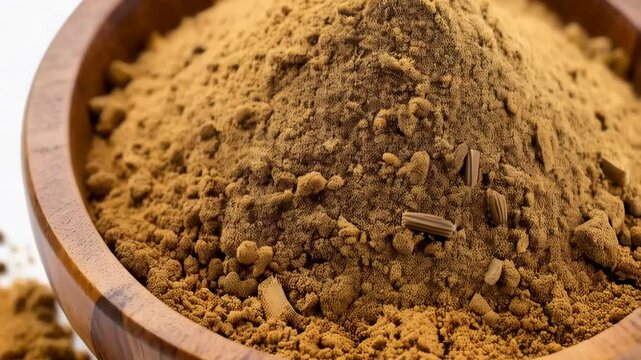 Aromatic ground cumin spice in a wooden bowl on a white background, showcasing the texture and color of the culinary ingredient.