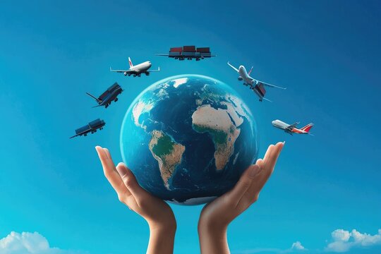 Earth held by hands, surrounded by planes and trucks