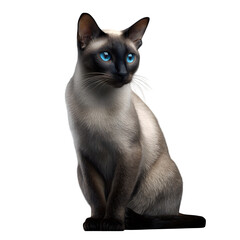A sleek Siamese cat sitting upright, blue almond eyes, cream-colored body with dark face and paws. Soft studio light to emphasize smooth fur and eye shine. 