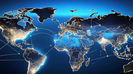 Global communication network visualization using world map, connecting cities with digital lines, international connectivity and data transfer concept, blue background - Powered by Adobe