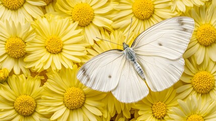 White Butterfly on Yellow Daisies Flowers