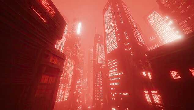 A futuristic cityscape bathed in a vibrant, crimson glow.  Towering buildings, with glowing architectural details, rise against a hazy, reddish-orange sky.
