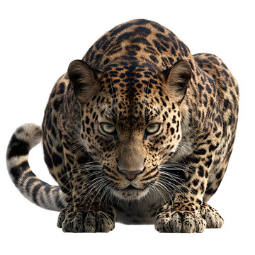 A spotted leopard crouching as if ready to pounce, eyes locked forward, with tail curled in the back. Highlight the rosette pattern usin