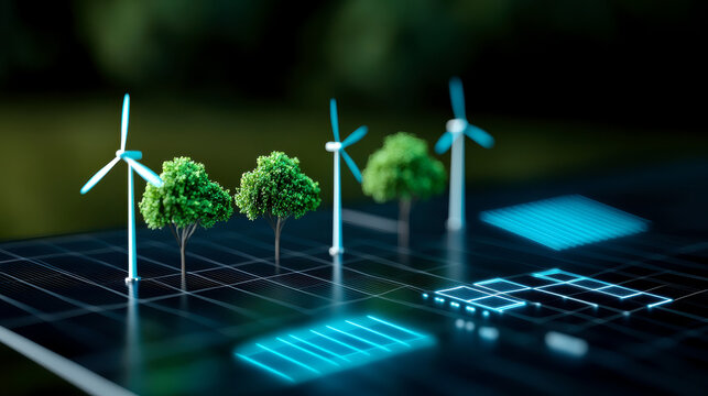 A futuristic digital model shows wind turbines and trees integrated with solar panels, symbolizing renewable energy and eco-friendly technology.