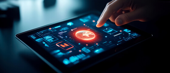 A hand interacts with a futuristic touchscreen tablet displaying a digital globe and data analytics in a dark tech environment.