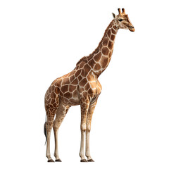 Obraz premium A tall giraffe standing with long neck bent slightly downward, patchy fur patterns distinct. Focus on height, elegant posture, and gentle eyes. 