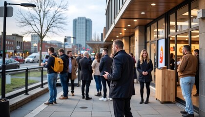 Large crowd of people waiting outside modern building. Crowd gathers for event or opening near city street. This crowd scene is perfect for news reports, event promotions,