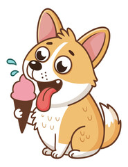 Adorable Cartoon Corgi Dog Enjoying Ice Cream Cone, Happy Puppy with Sweet Treat