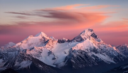 majestic snow capped mountain peaks under soft pink sky