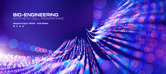 Bio-engineering and synthetic cell programming abstract background with glowing circles and data visualization for science presentations. Vector graphics. 