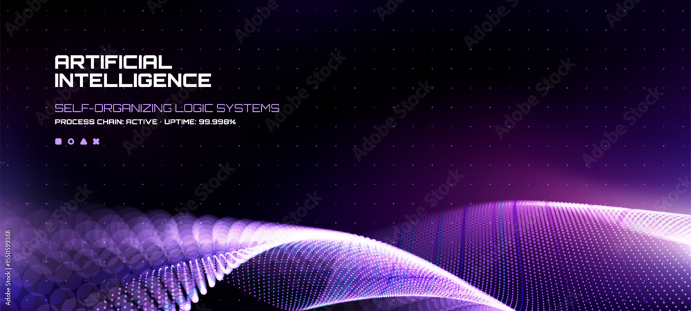 Poster Digital particles forming a wave-like structure with artificial intelligence text. Technology background concept for data. Vector graphics. 