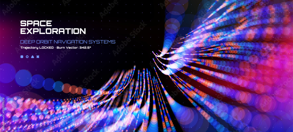 Poster Deep orbit navigation system concept shows a cosmic space exploration with digital data visualization. Vector graphics. 