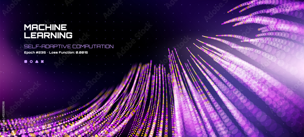 Poster Machine learning self-adaptive computation. Abstract purple and yellow glowing particles forming wavy lines. Digital technology background. Vector graphics. 