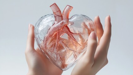 A translucent heart model, held gently by cupped hands