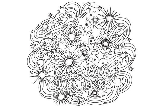 Whimsical design with stars, swirling patterns, and decorative lettering evoking a sense of wonder.