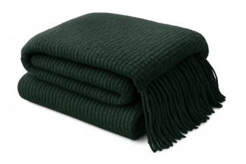 Soft green knitted blanket folded neatly, showcasing its texture and tassels, isolated on a transparent background