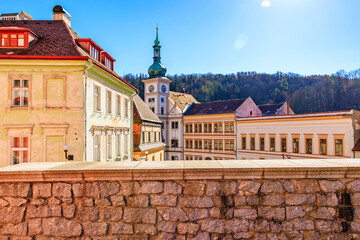 Historic european town architecture under clear blue sky