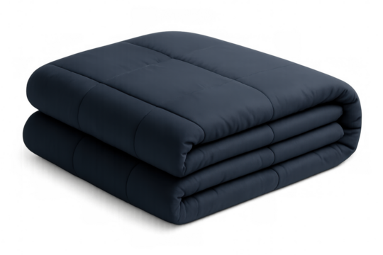 Soft navy blue weighted blanket folded on transparent background, promoting comfort, relaxation, and stress relief