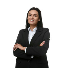 Confident business woman in suit on white background