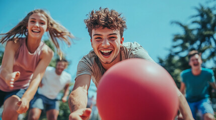 Group of friends playing dodgeball outside on a sunny day with a red ball in the foreground focus
