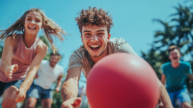 Group of friends playing dodgeball outside on a sunny day with a red ball in the foreground focus - Powered by Adobe